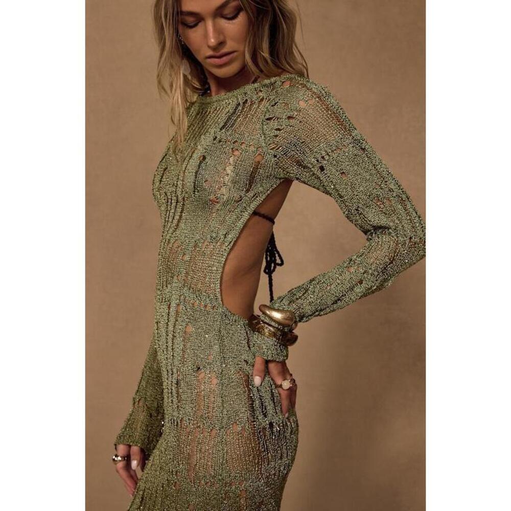 Lulus Salise Shiny Green Distressed Maxi Swim Cover-up - Size L